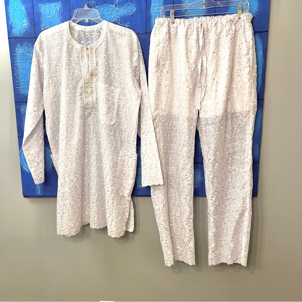 Traditional African Eyelet Dashiki Pant Set Embroidered Yoke - White/Light Grey